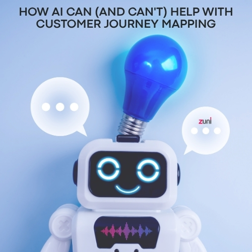 How AI can and can’t help with customer journey mapping — a friendly robot with speech bubbles and an illuminated lightbulb